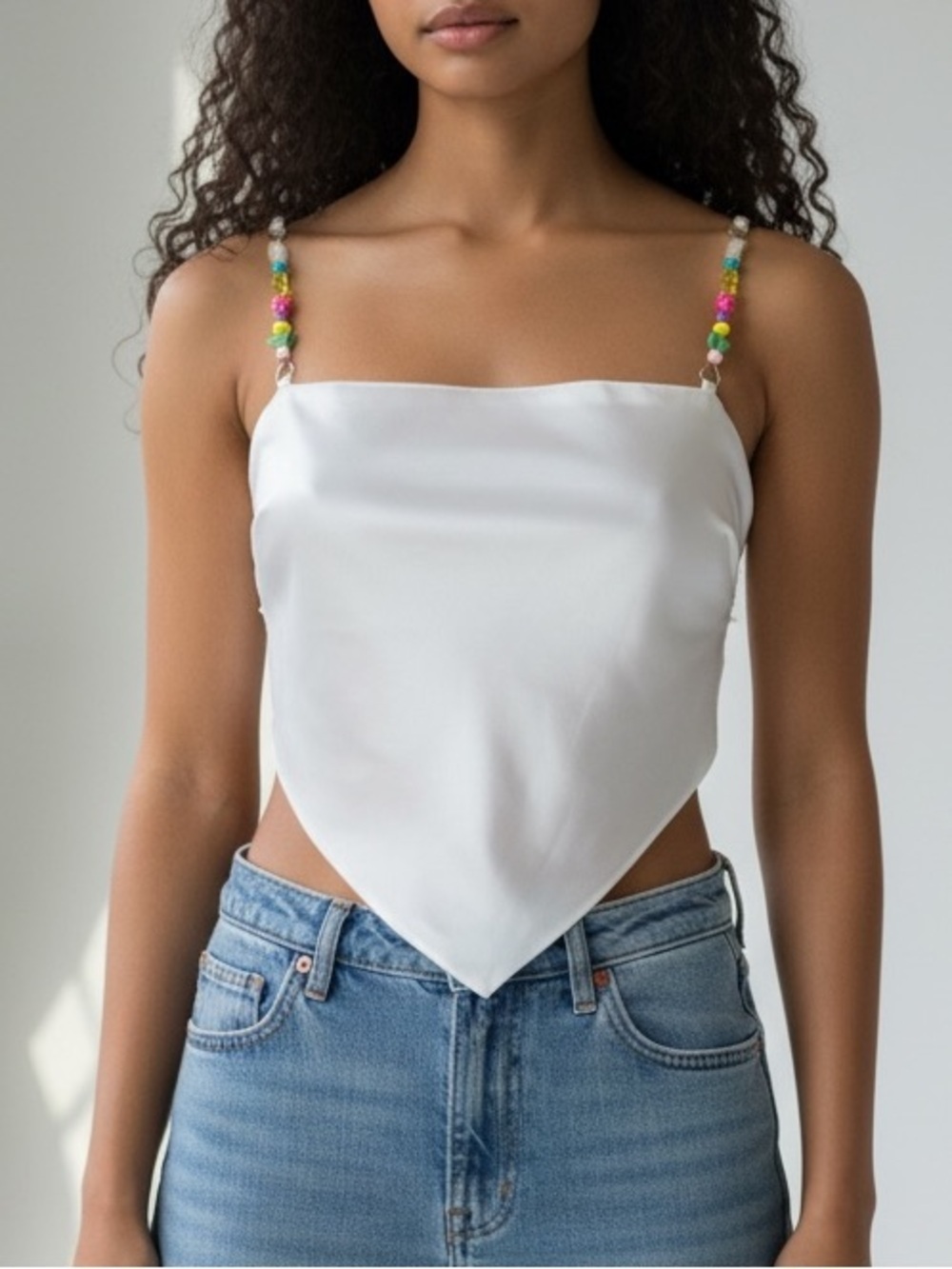 White Satin Beaded Strap Handkerchief Hem Tie Back CropTop Y2K Whimsy Forever 21
